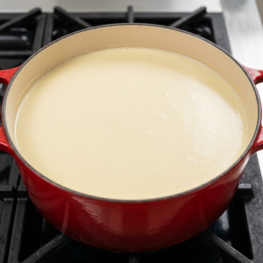A vibrant contrast of bright green chives being stirred into a smooth, creamy, off-white clam chowder inside a heavy-bottomed pot.