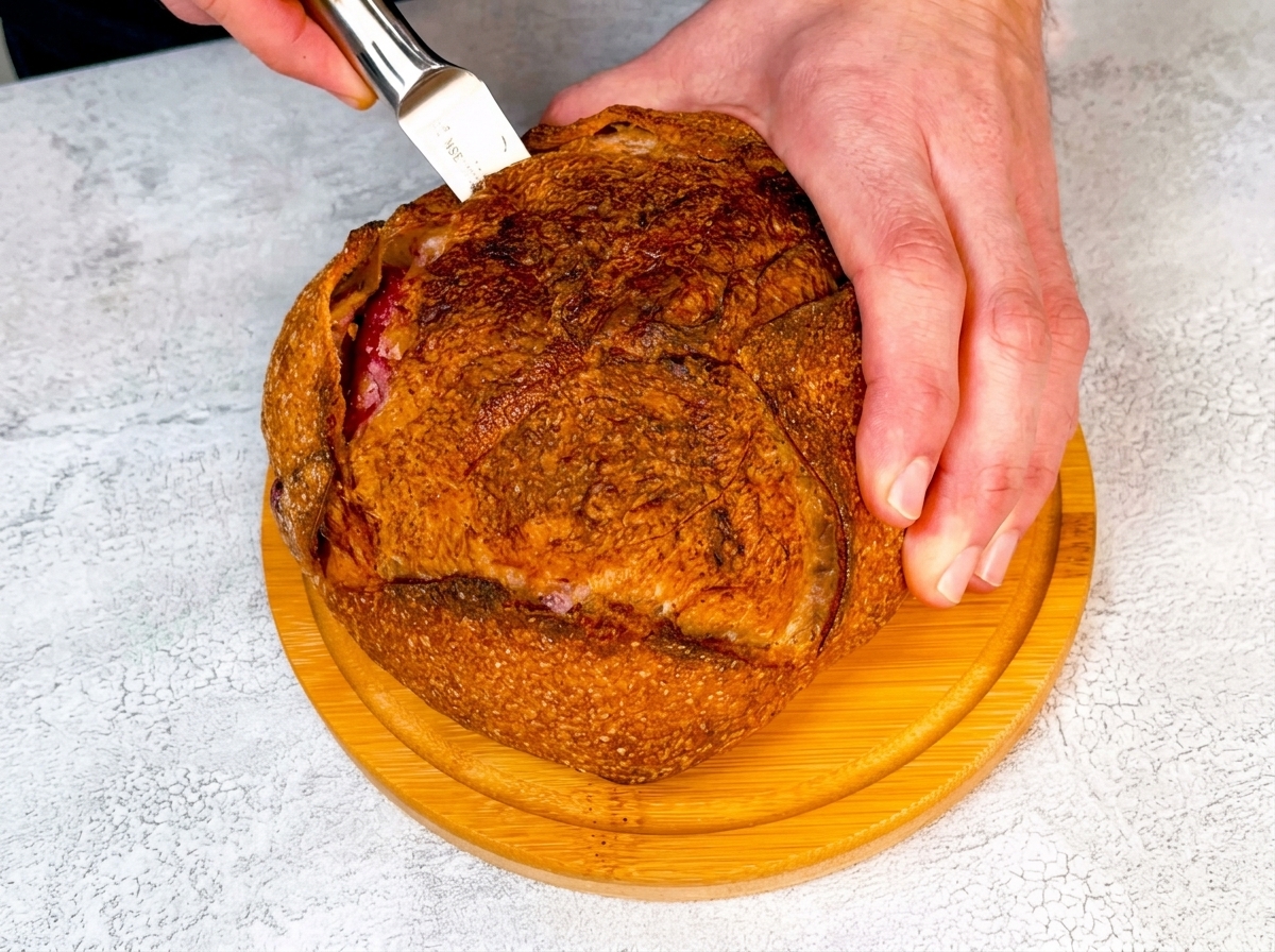 A rustic round loaf of bread with the top being removed to reveal a hollow center, ready to be used as a serving vessel.