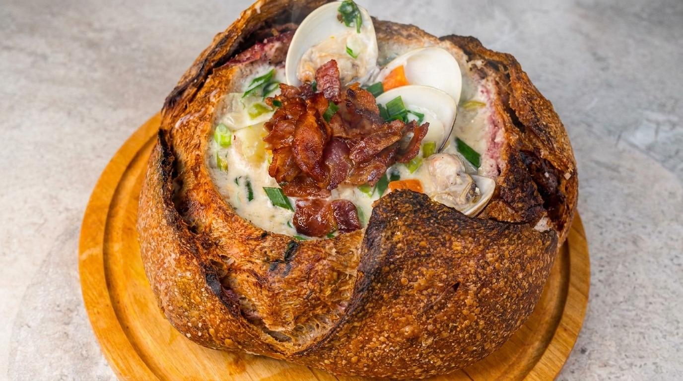 Classic New England Clam Chowder in a Bread Bowl