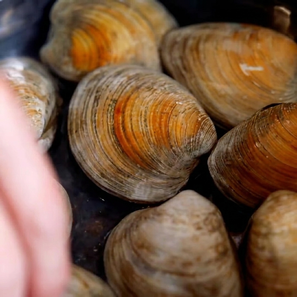Fresh clams cooking in a pot of hot water, beginning to open their shells.