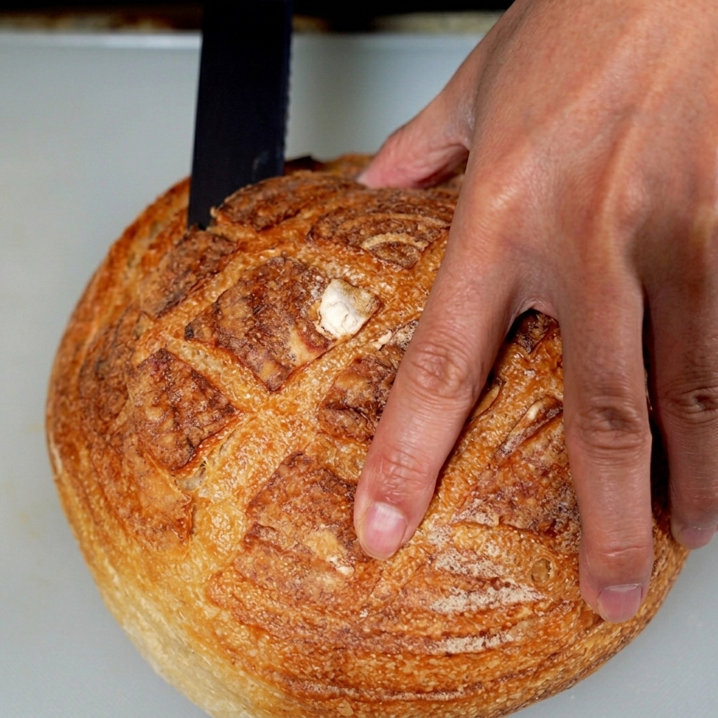 A hollowed-out sourdough bread bowl ready to be filled with hot clam chowder.