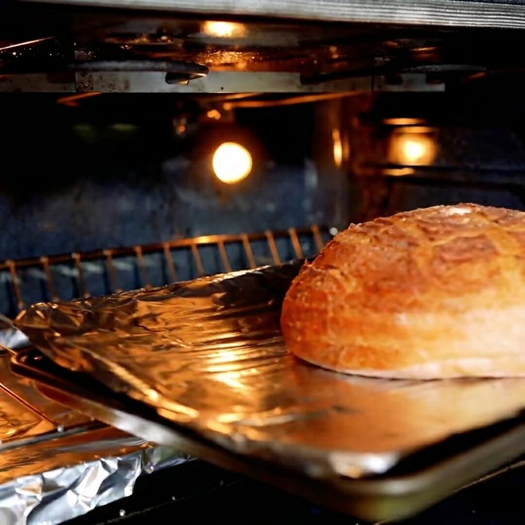 Sourdough bread bowl inside the oven, being toasted to a crisp finish.