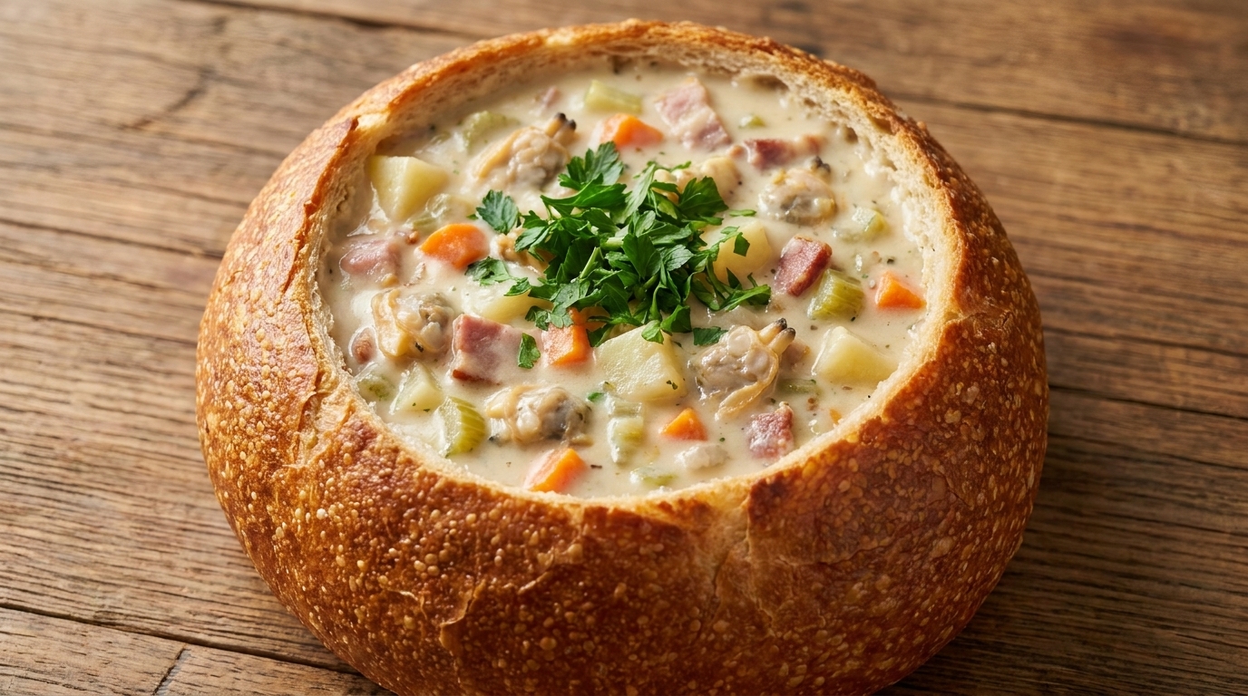 Classic Clam Chowder in a Sourdough Bread Bowl