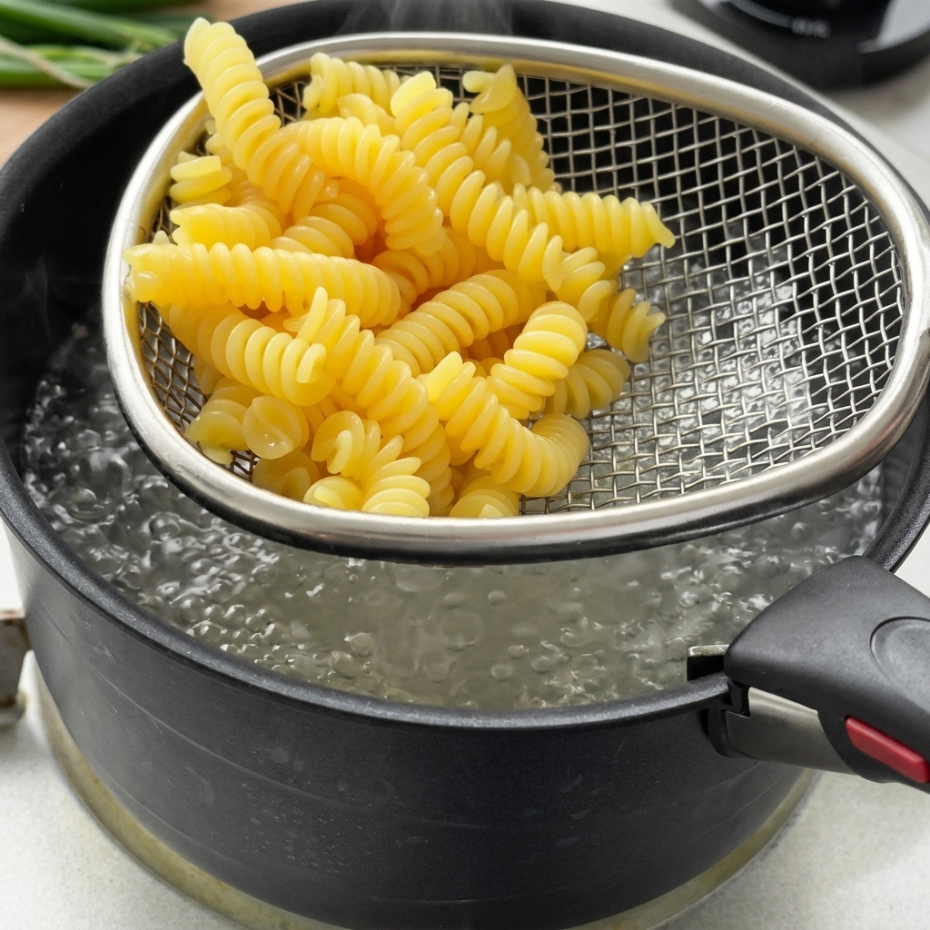 Asparagus pieces being added to the boiling water pot containing pasta.