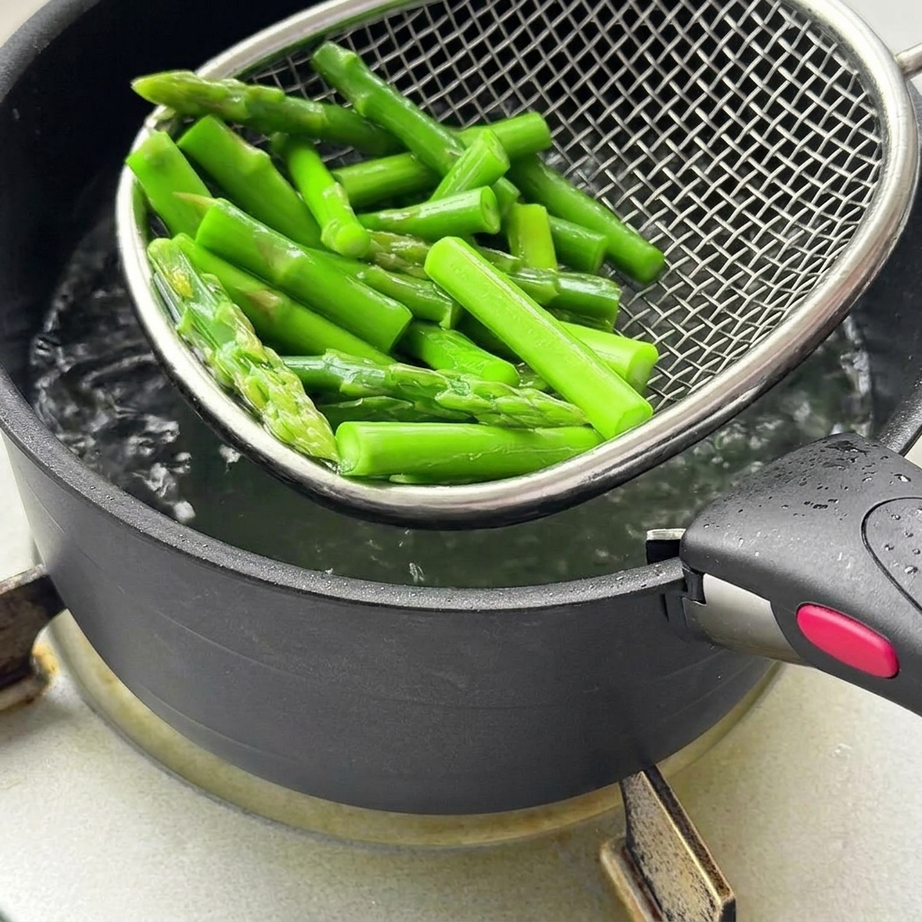 Bacon pieces sizzling in a hot pan, showing golden-brown edges.