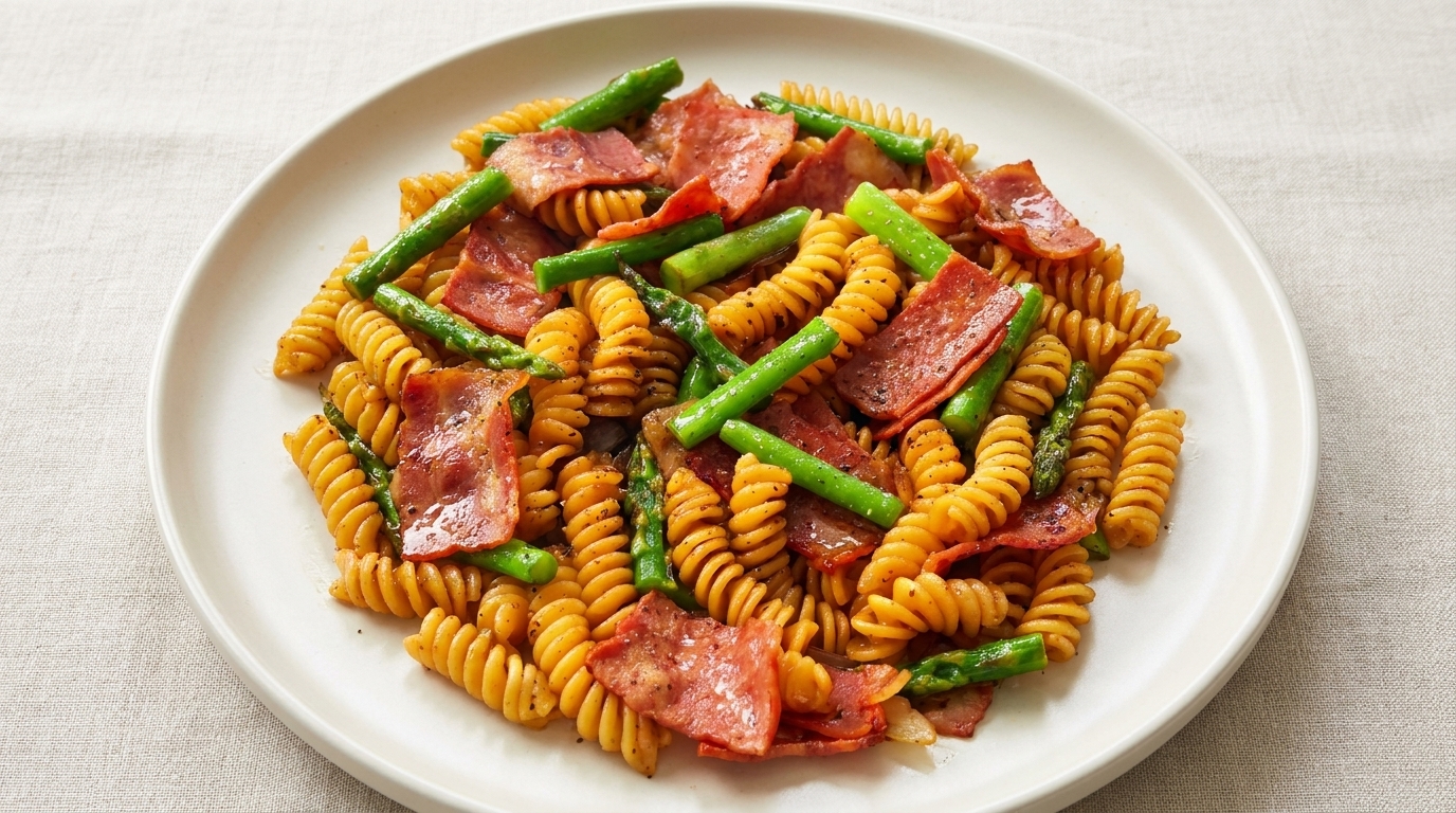 Bacon and Asparagus Fusilli with Black Truffle