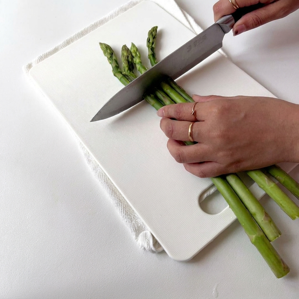 Fresh asparagus spears being chopped into bite-sized segments on a white board.
