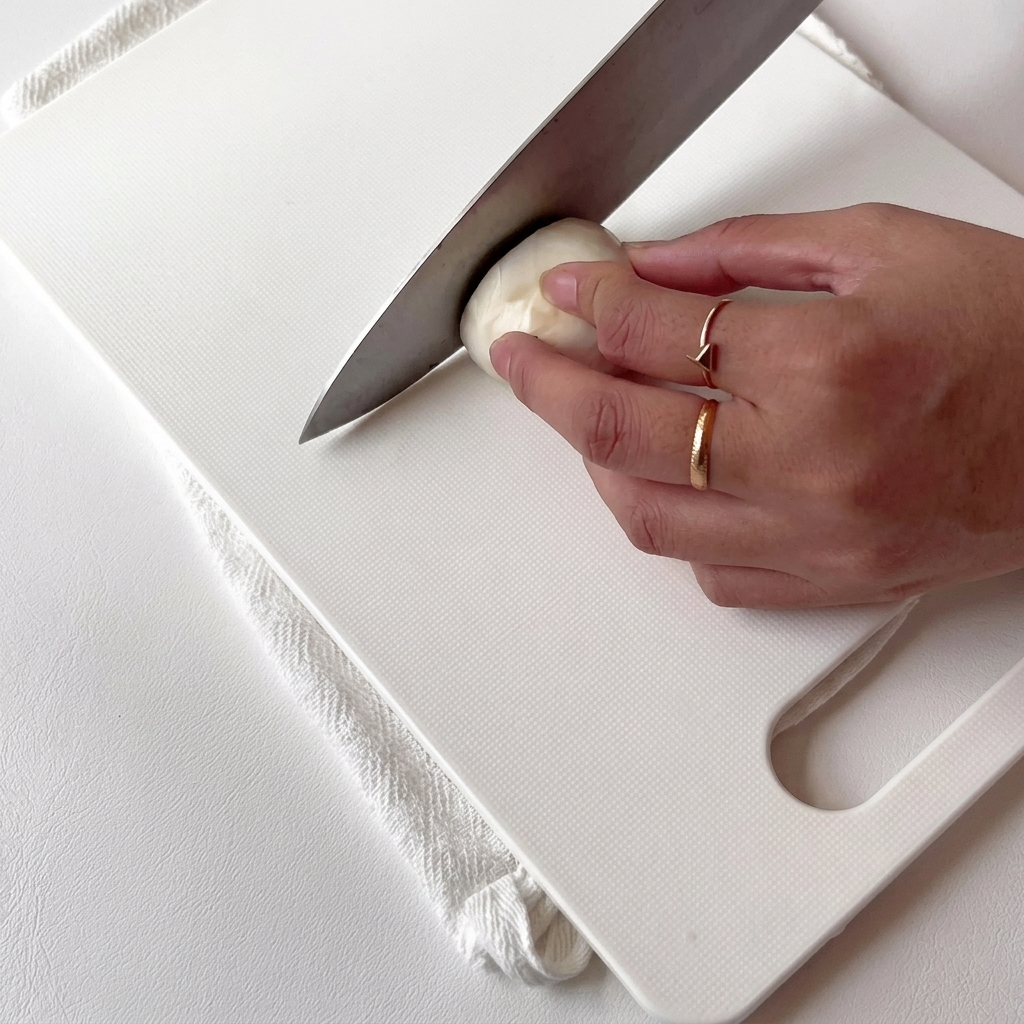 Garlic cloves being carefully halved on a cutting board with a knife.