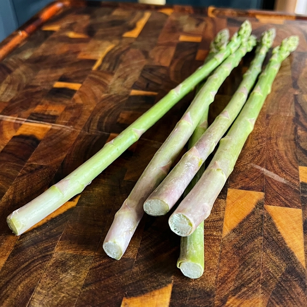 Fresh green asparagus spears lined up on a wooden cutting board.