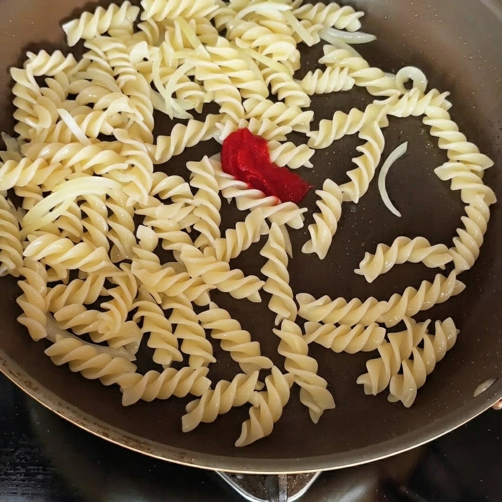Pasta in a pan being seasoned with tomato paste and soy sauce, ready to be tossed.