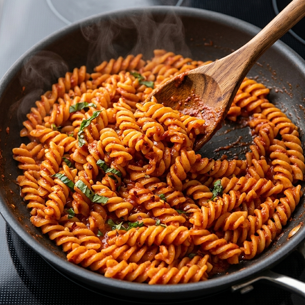 A pan of pasta being flambéed with a controlled flame, enhancing the dish with a smoky flavor.