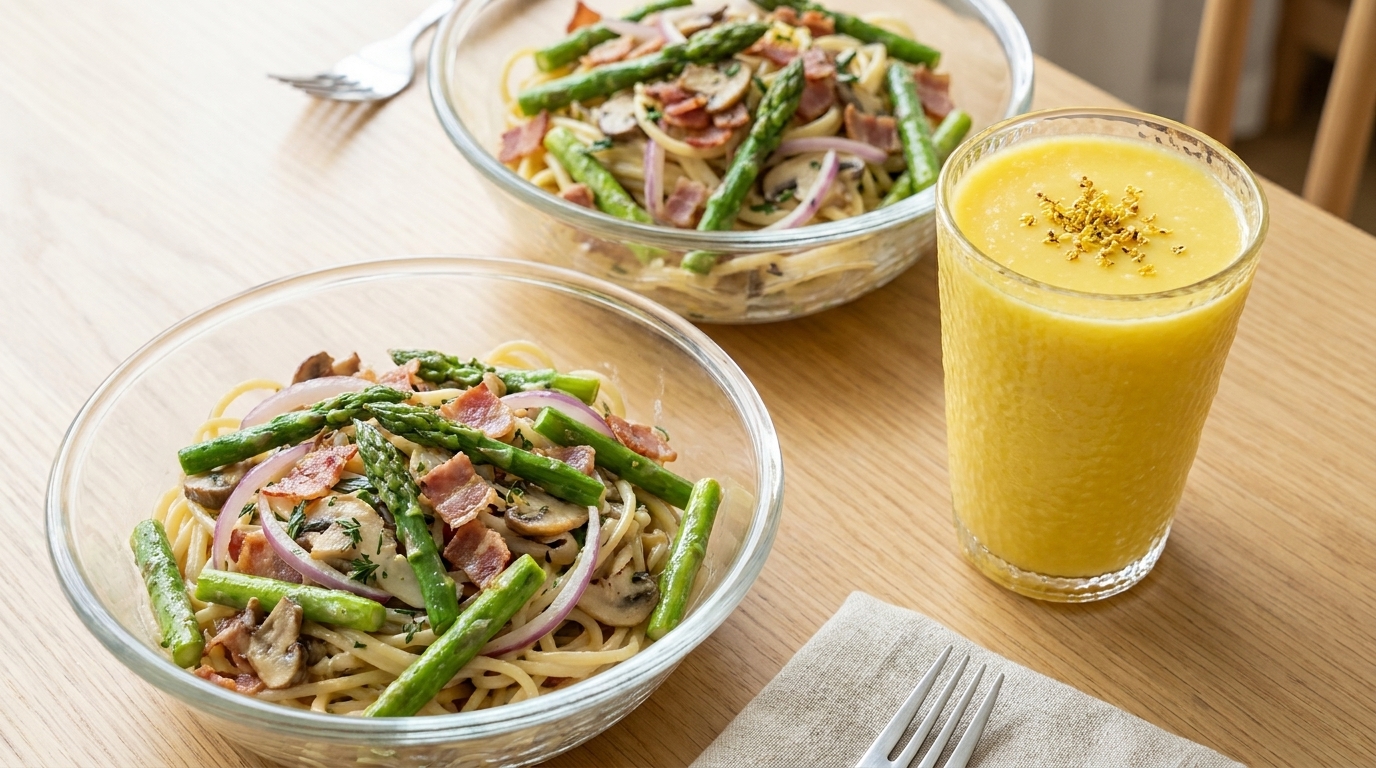 Creamy Asparagus Bacon Pasta with Fresh Corn Juice