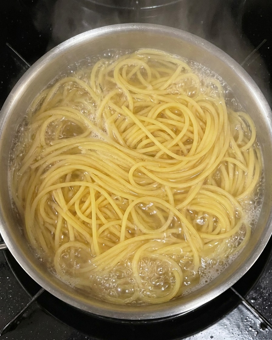 A handful of dry spaghetti noodles being lowered into a large pot of boiling water.