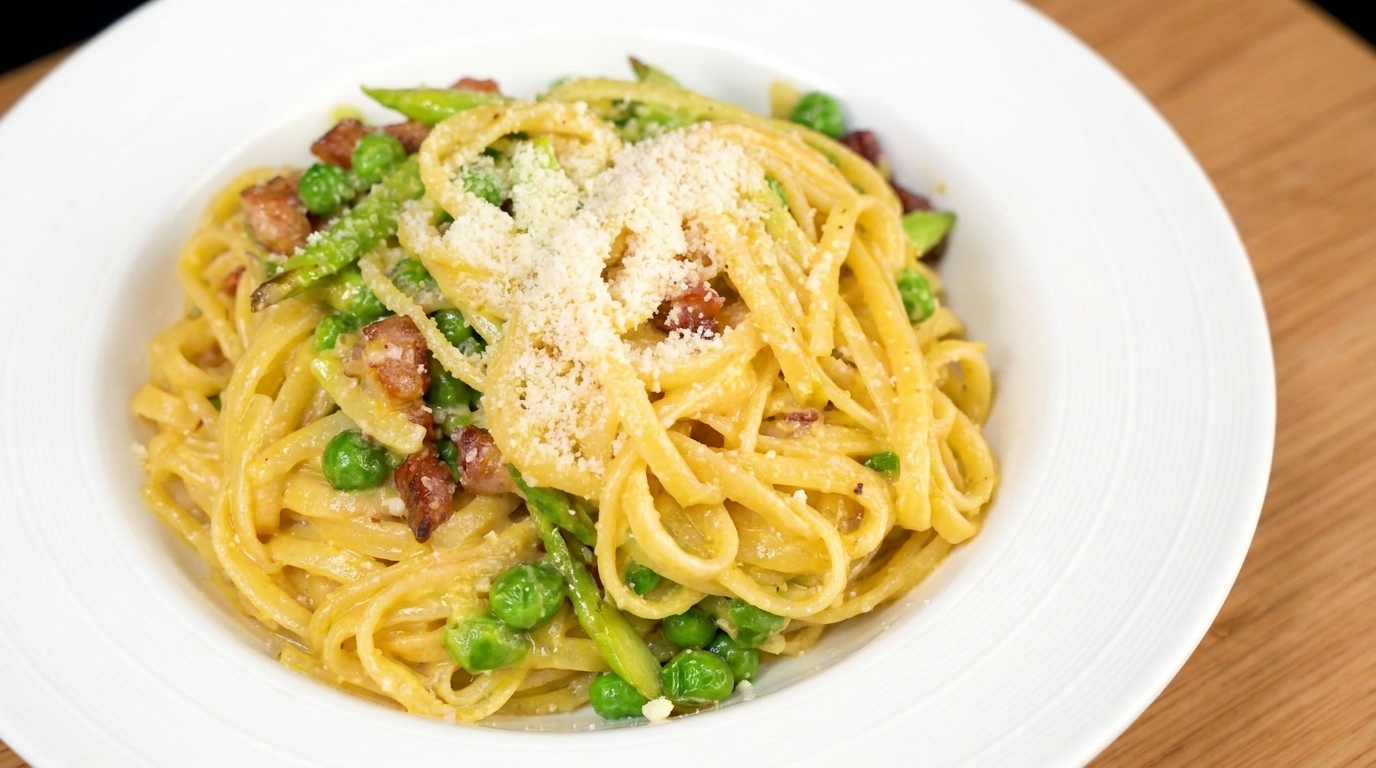 A plate of creamy pasta tossed with fresh asparagus, sweet peas, and crispy bacon, finished with a dusting of parmesan.