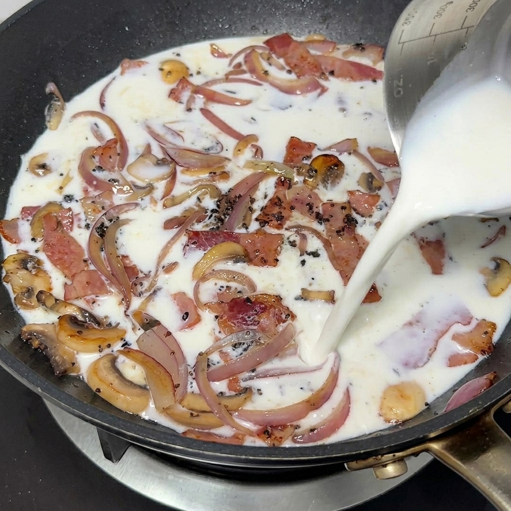 Milk being poured from a measuring cup into a pan containing fried bacon, onions, and mushrooms.