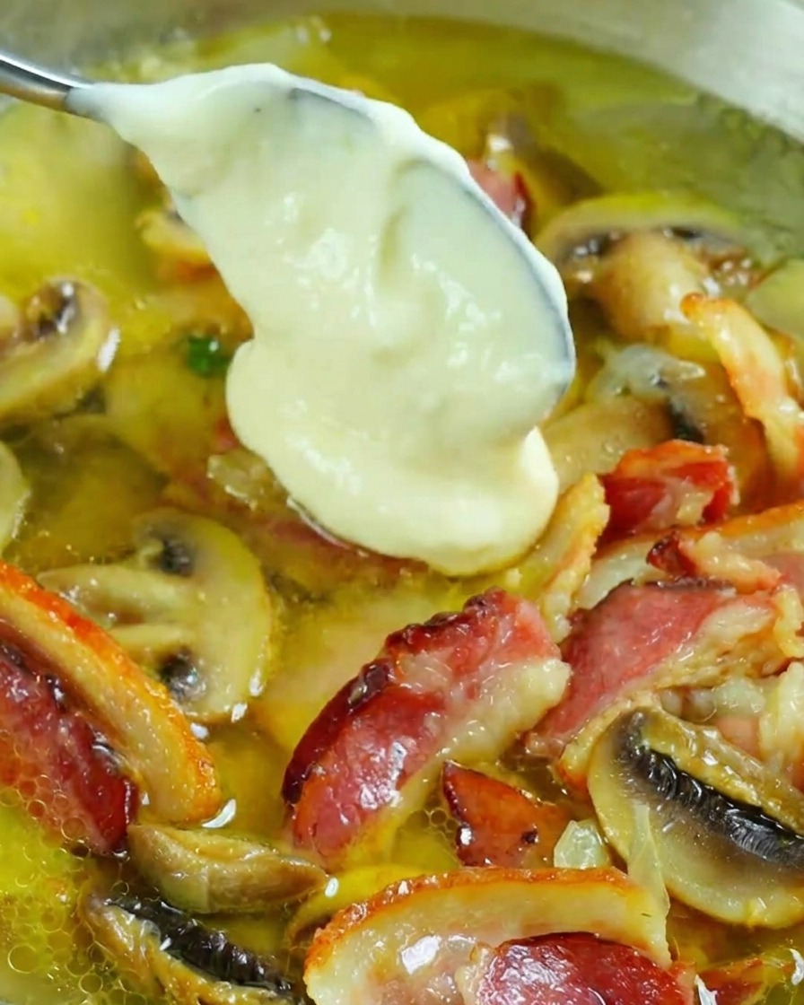A spoonful of creamy white sauce being mixed into a pan filled with sautéed bacon and mushrooms.