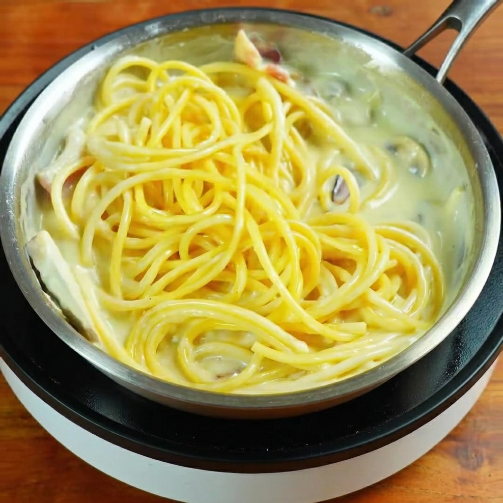 Spaghetti being tossed in a pan with a creamy white sauce and bacon bits.