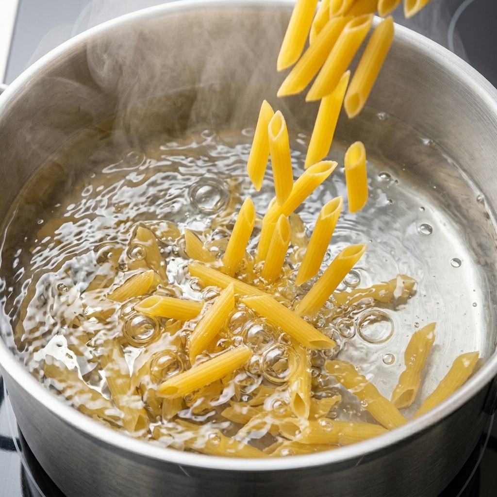 Dry penne pasta being poured into a pot of boiling, steaming water.