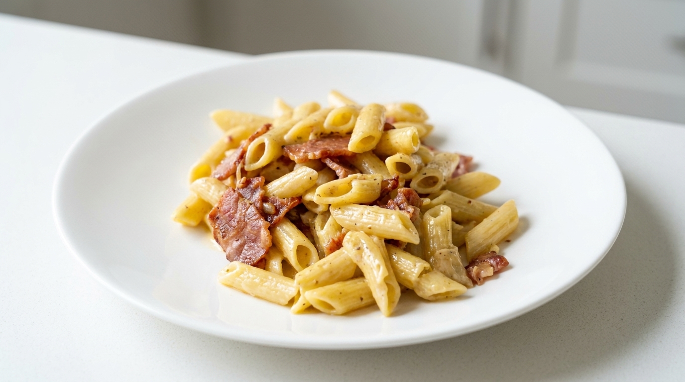 A classic serving of creamy penne pasta loaded with crispy browned bacon pieces.