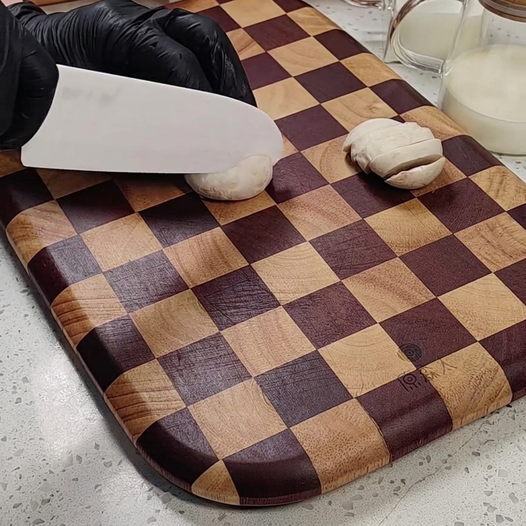 Close-up of mushrooms being sliced on a checkered wooden cutting board.