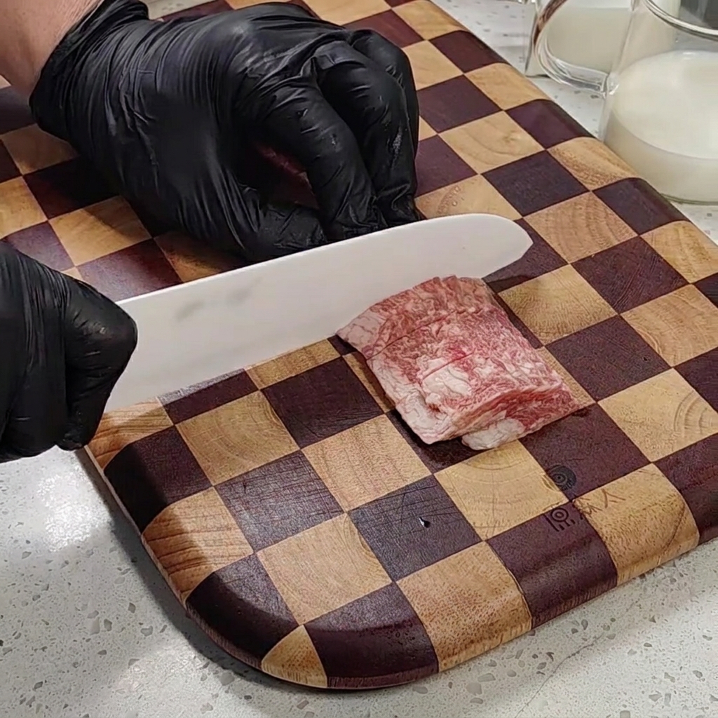 Bacon strips being prepared on a cutting board.