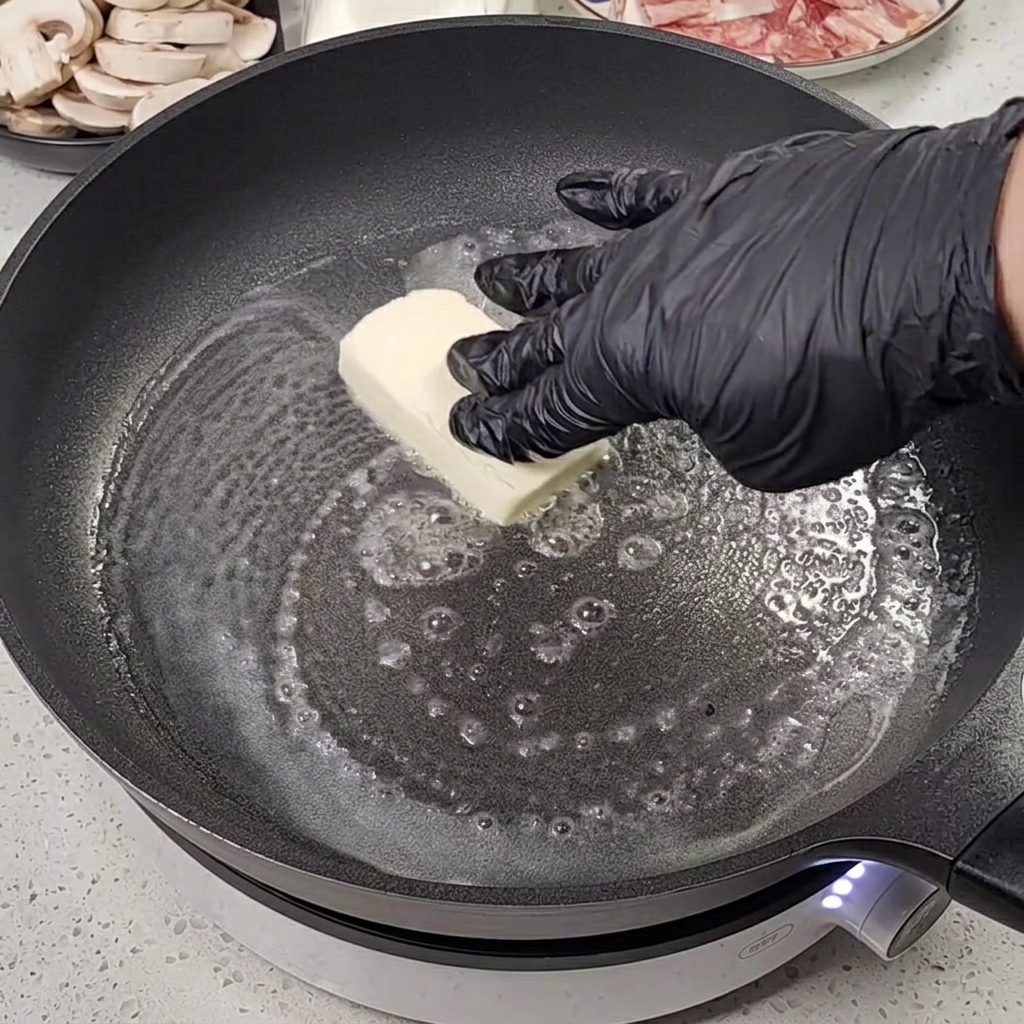 Butter melting in a hot skillet.