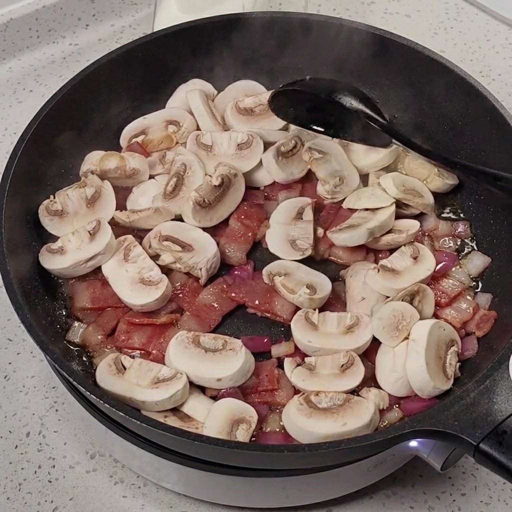 Sliced white mushrooms being tossed into a pan with sautéed bacon and onions.