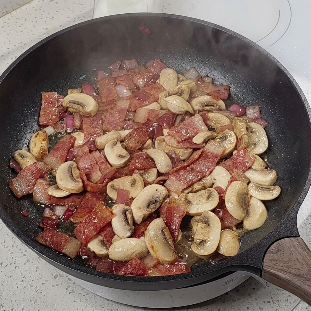 Seasoning the mushroom and bacon mixture with a glass pepper and salt grinder.