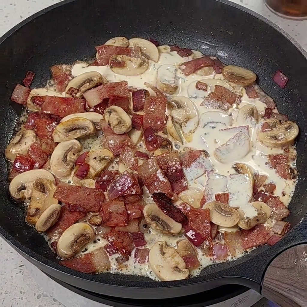 Cream and milk mixture being poured from a glass measuring cup into a pan with sautéed mushrooms and bacon.