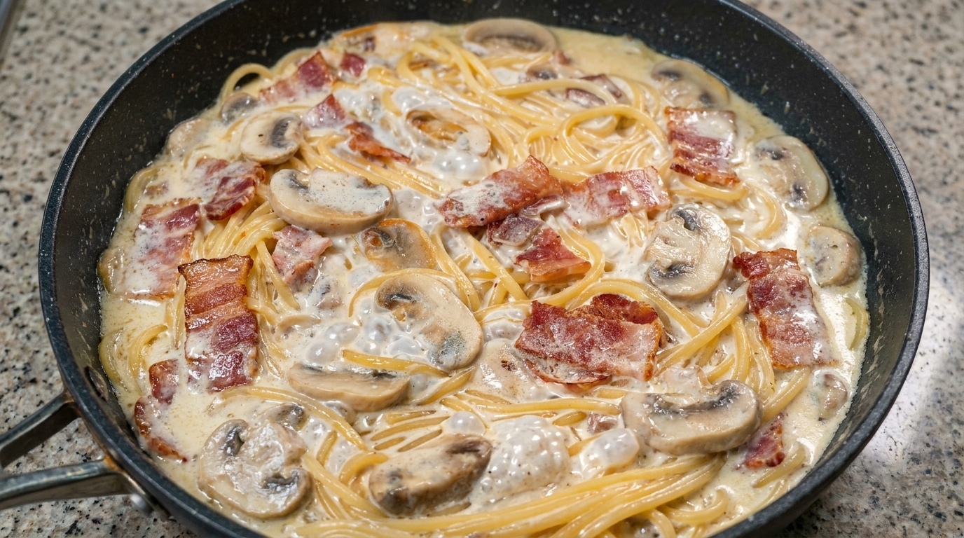 Creamy Bacon and Mushroom Spaghetti