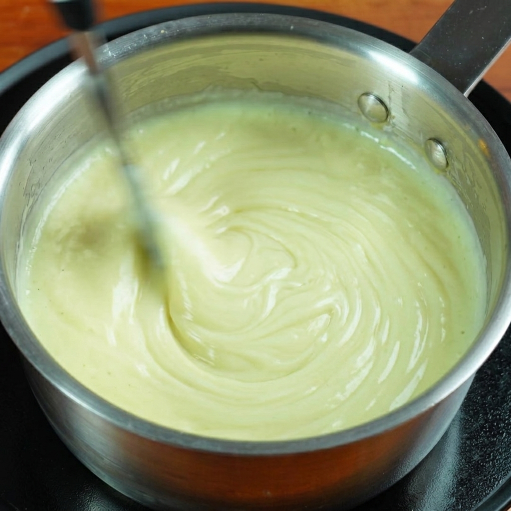 Liquid whipping cream being poured from a carton into a pan containing bacon and pasta.
