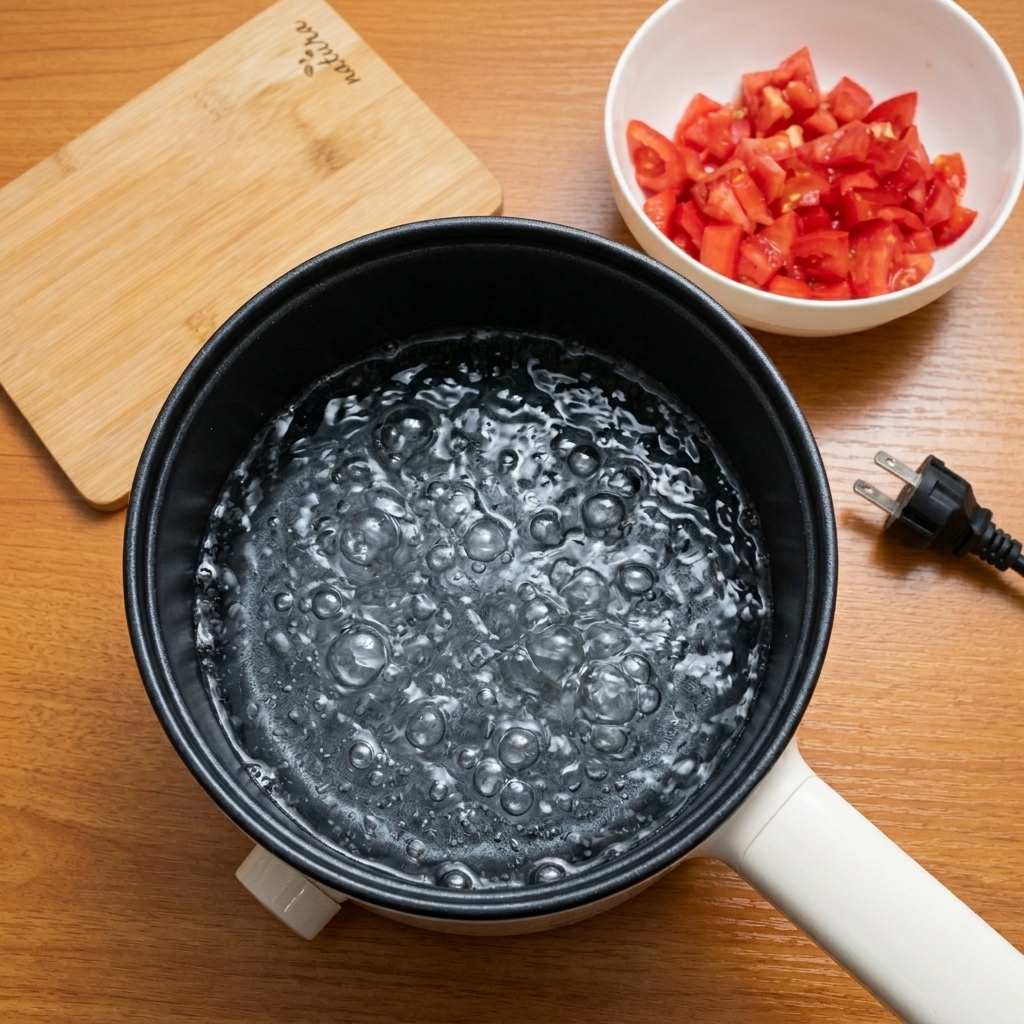 Salt being sprinkled into a pot of bubbling water, preparing it for the spaghetti.