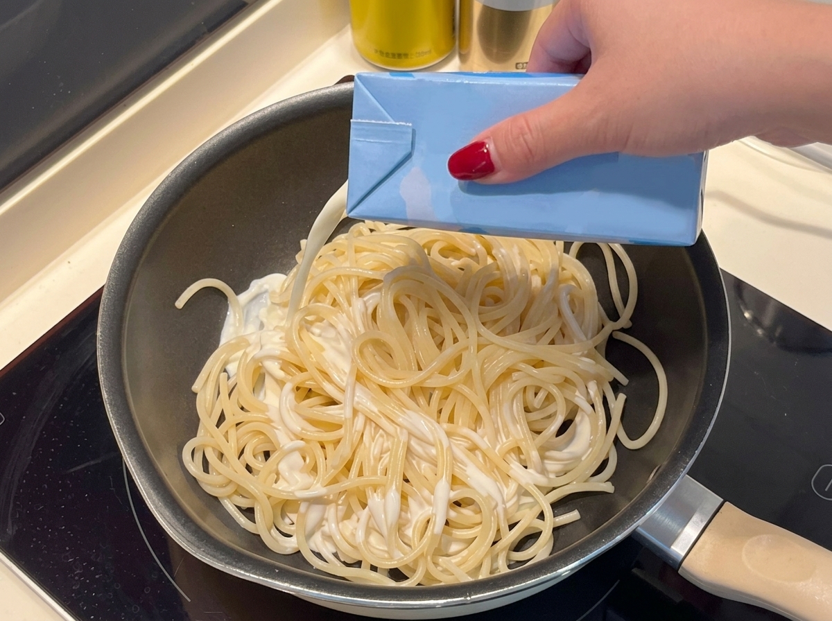 Heavy cream or milk being poured over cooked spaghetti in a pan.