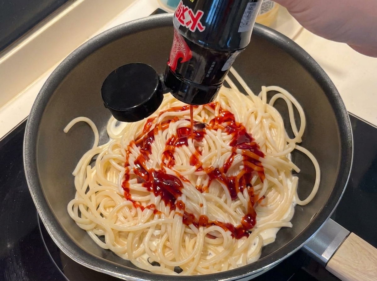 Dark red spicy turkey noodle sauce being squeezed onto the spaghetti.
