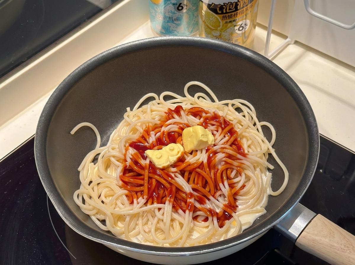 Ketchup and a pat of butter being added to the pan with the spaghetti.