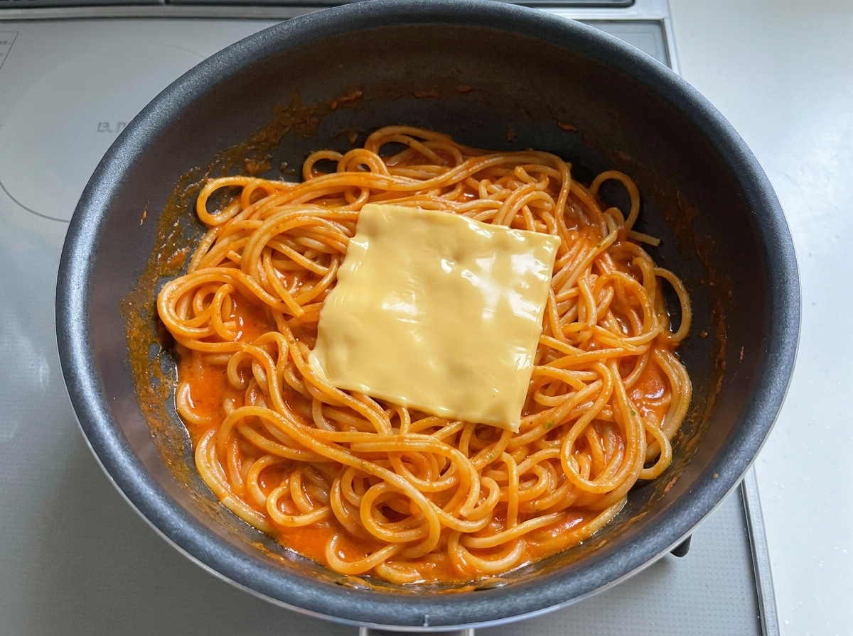 A slice of yellow cheese placed on top of the saucy spaghetti in the pan.