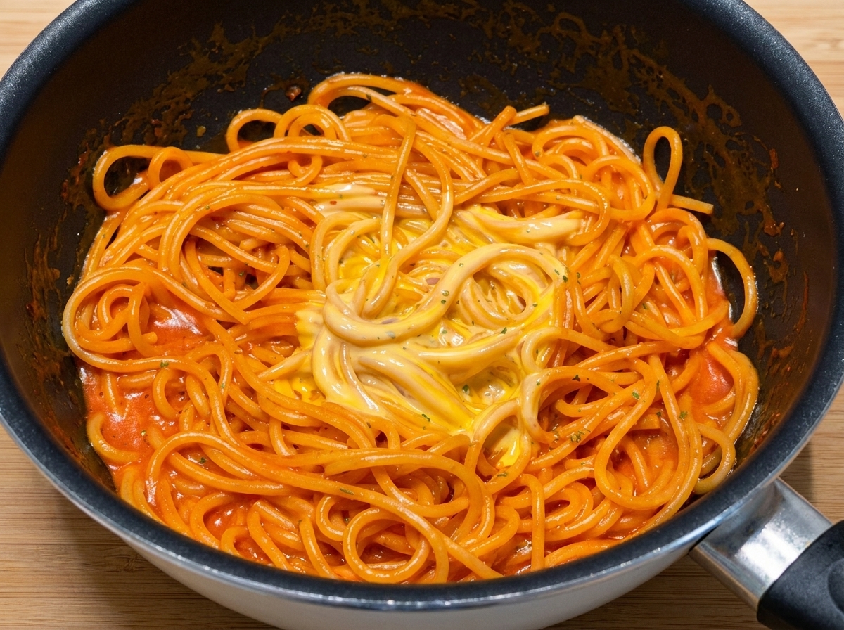 Dried parsley flakes being sprinkled over the spicy spaghetti in the pan.