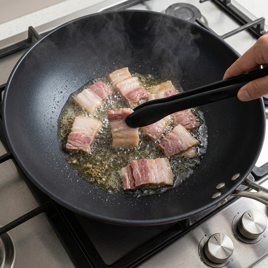 Pieces of bacon frying in a hot wok with rendered fat visible.