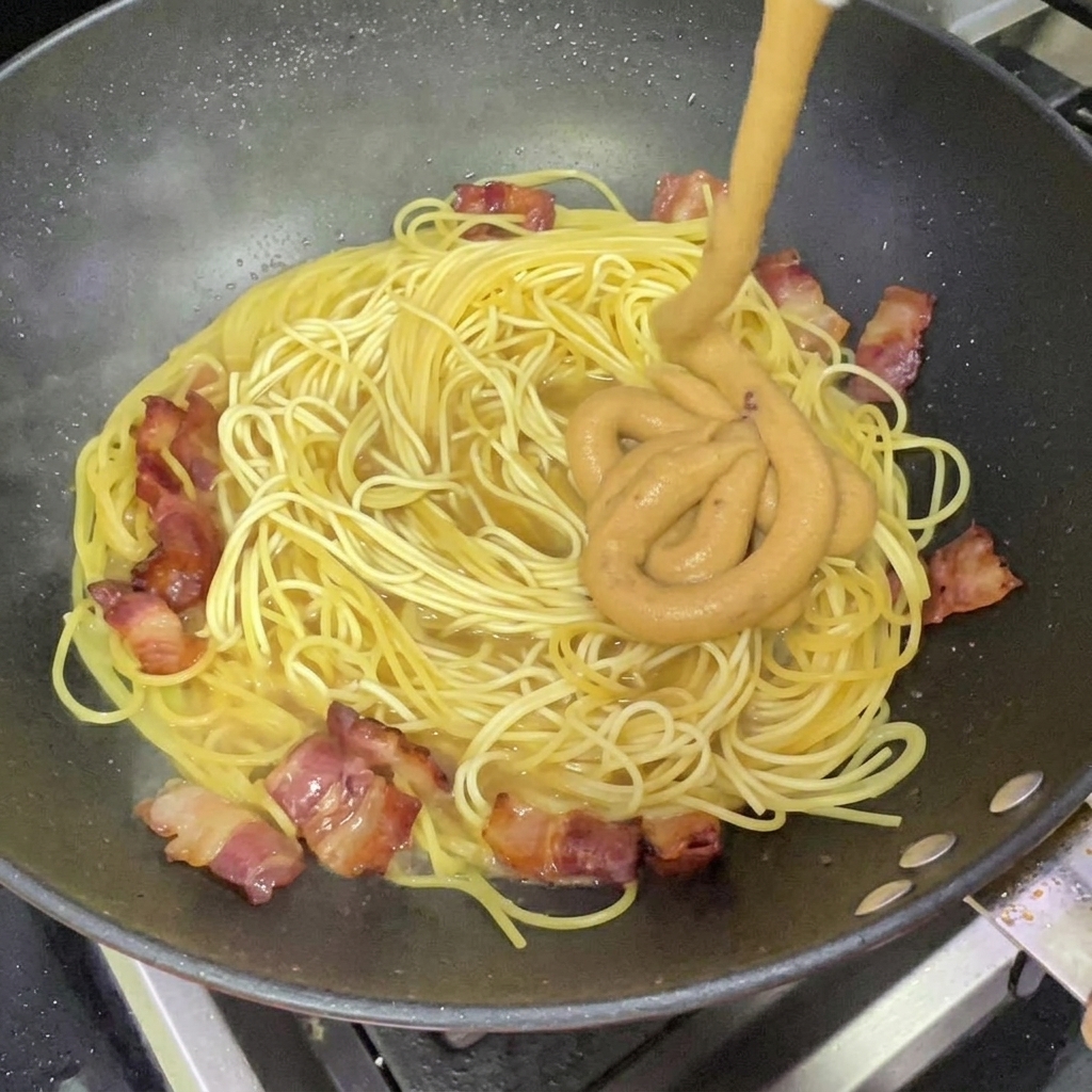 Thick cheese and cream sauce being poured over spaghetti in a wok.