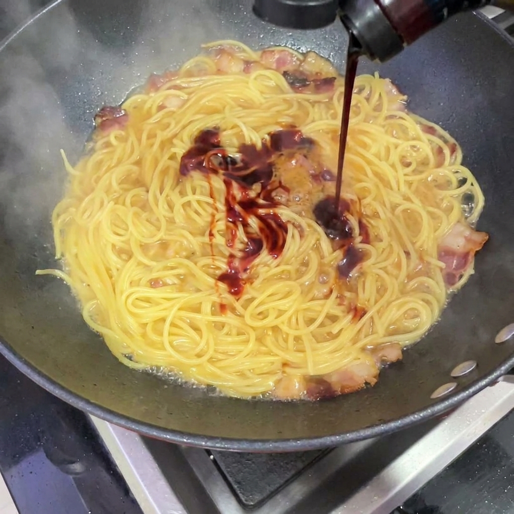 Dark red spicy buldak sauce being poured onto spaghetti and bacon simmering in a wok.