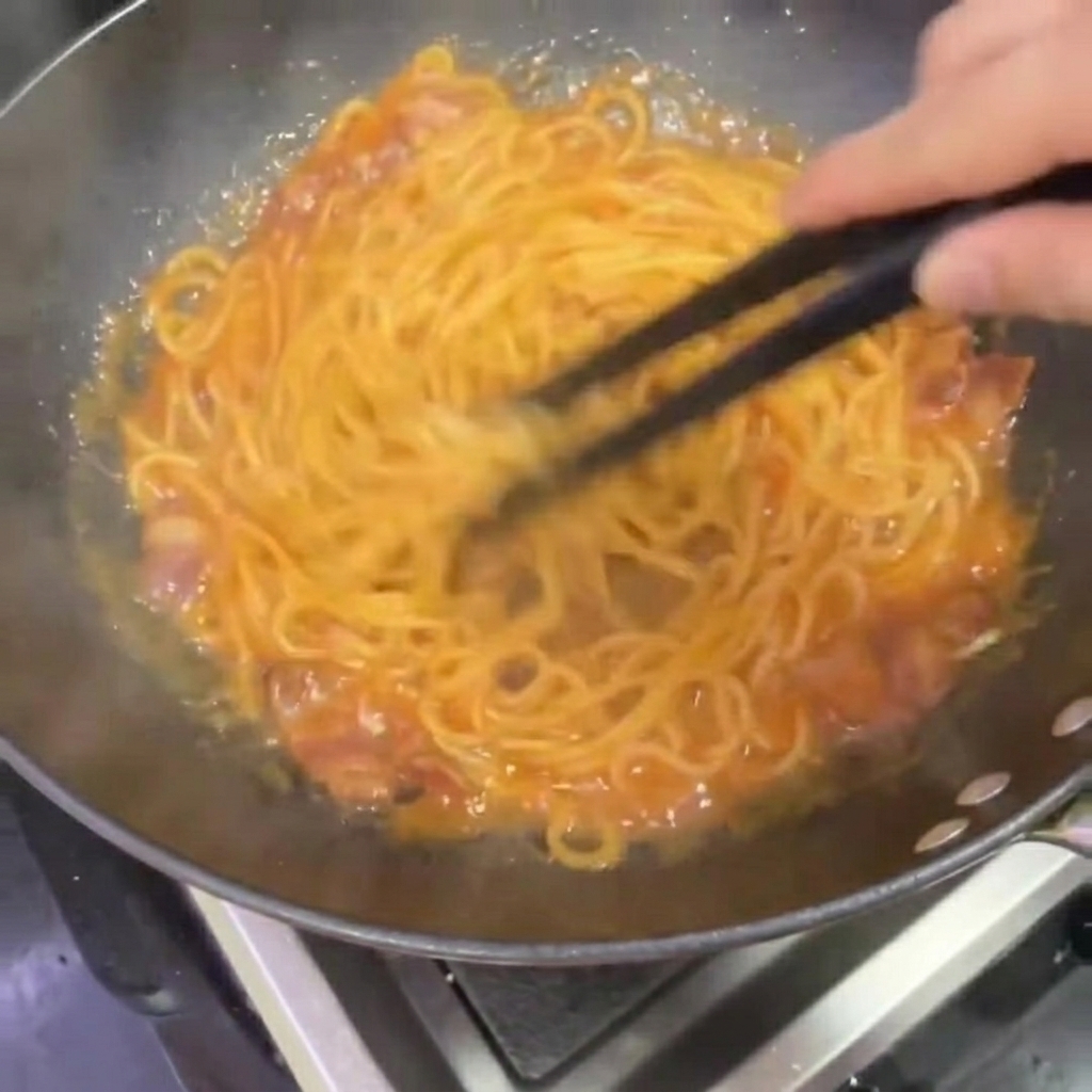 Spaghetti being tossed with chopsticks in a wok to coat it in the creamy spicy sauce.