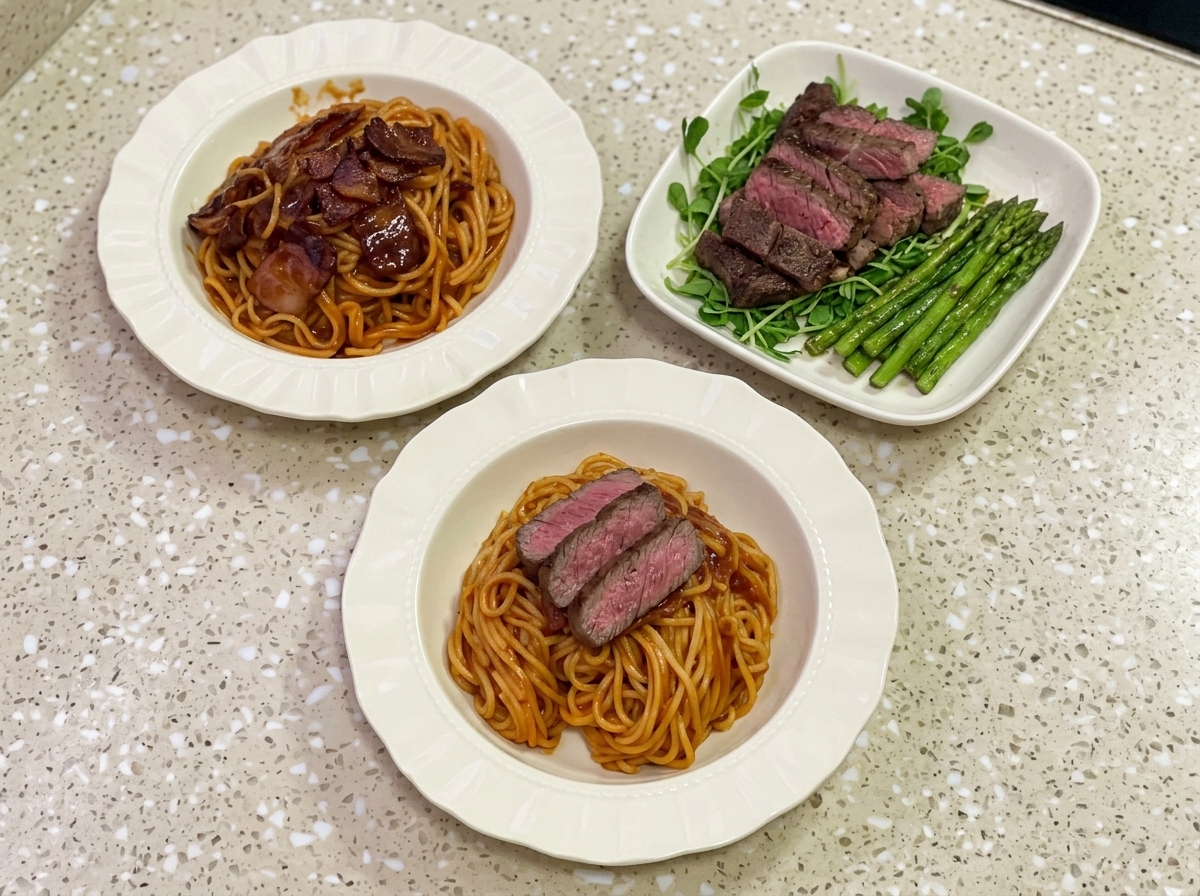 Slices of tender, cooked steak arranged on top of a serving of spicy spaghetti.
