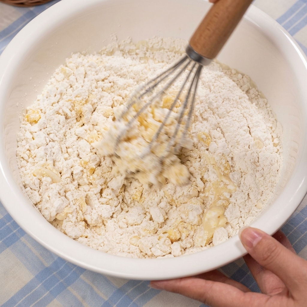 A wire whisk stirring dry flour and liquid ingredients together in a large white bowl.