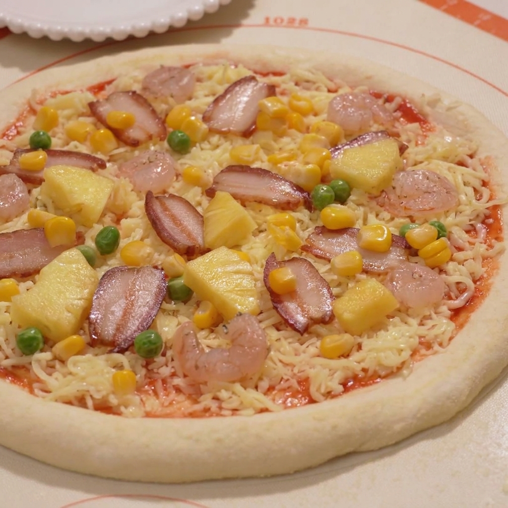 The flattened round dough base resting on a silicone work mat.