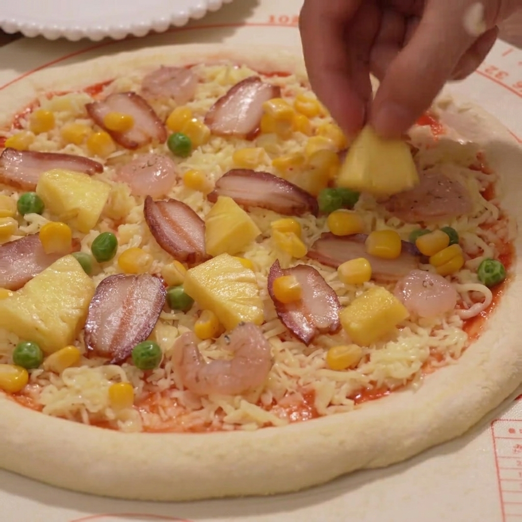 Pineapple chunks, corn, and green peas being scattered over the pizza toppings.
