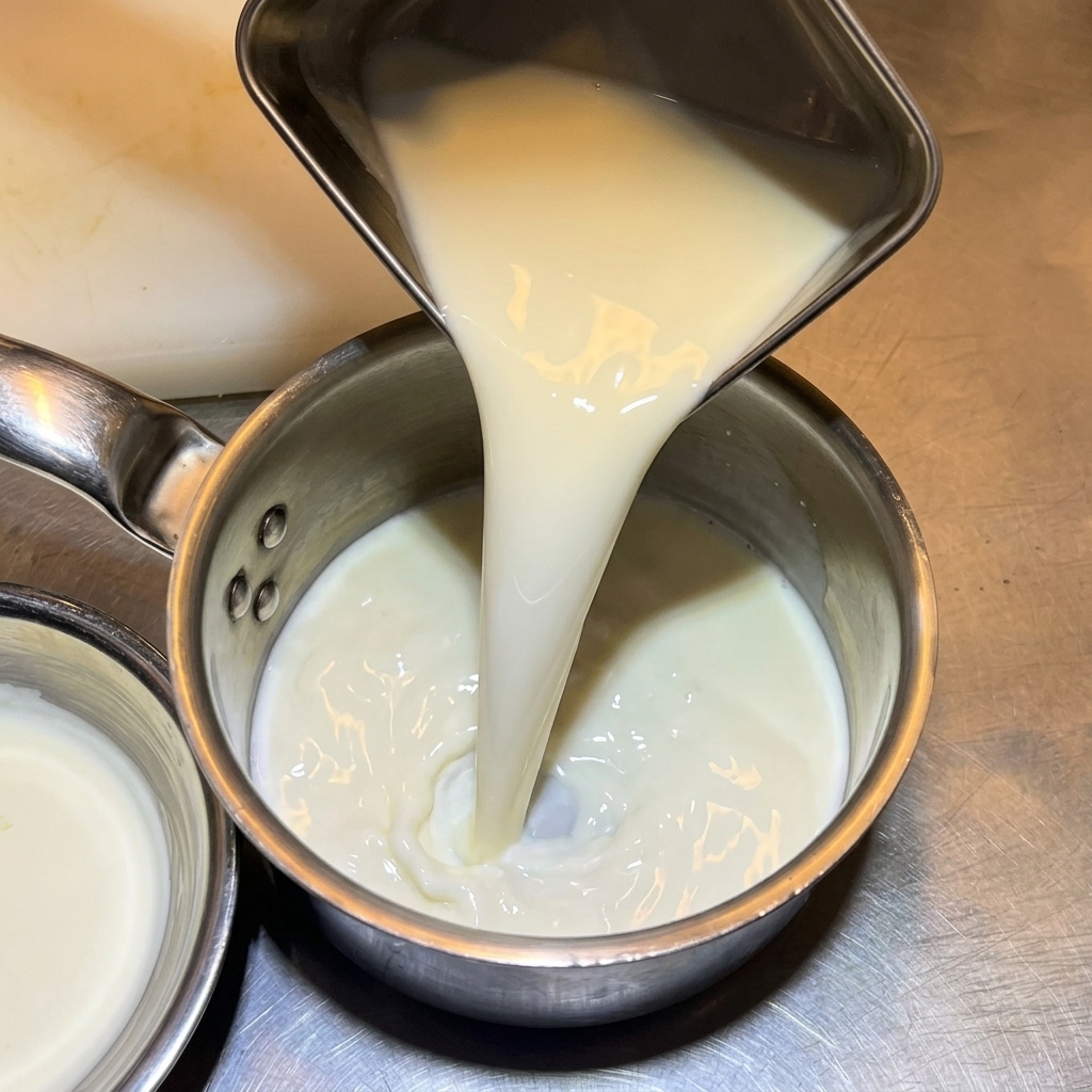 Pouring milk into a stainless steel saucepan.