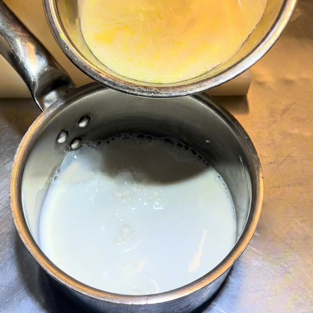 Pouring heavy cream into a saucepan filled with milk.