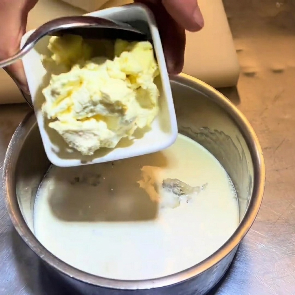 Using a spoon to slide chunks of cream cheese into a saucepan.
