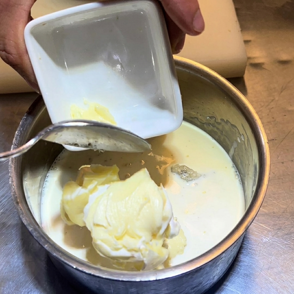 Slices of soft brie cheese being dropped into a saucepan containing milk, cream, blue cheese, and cream cheese.