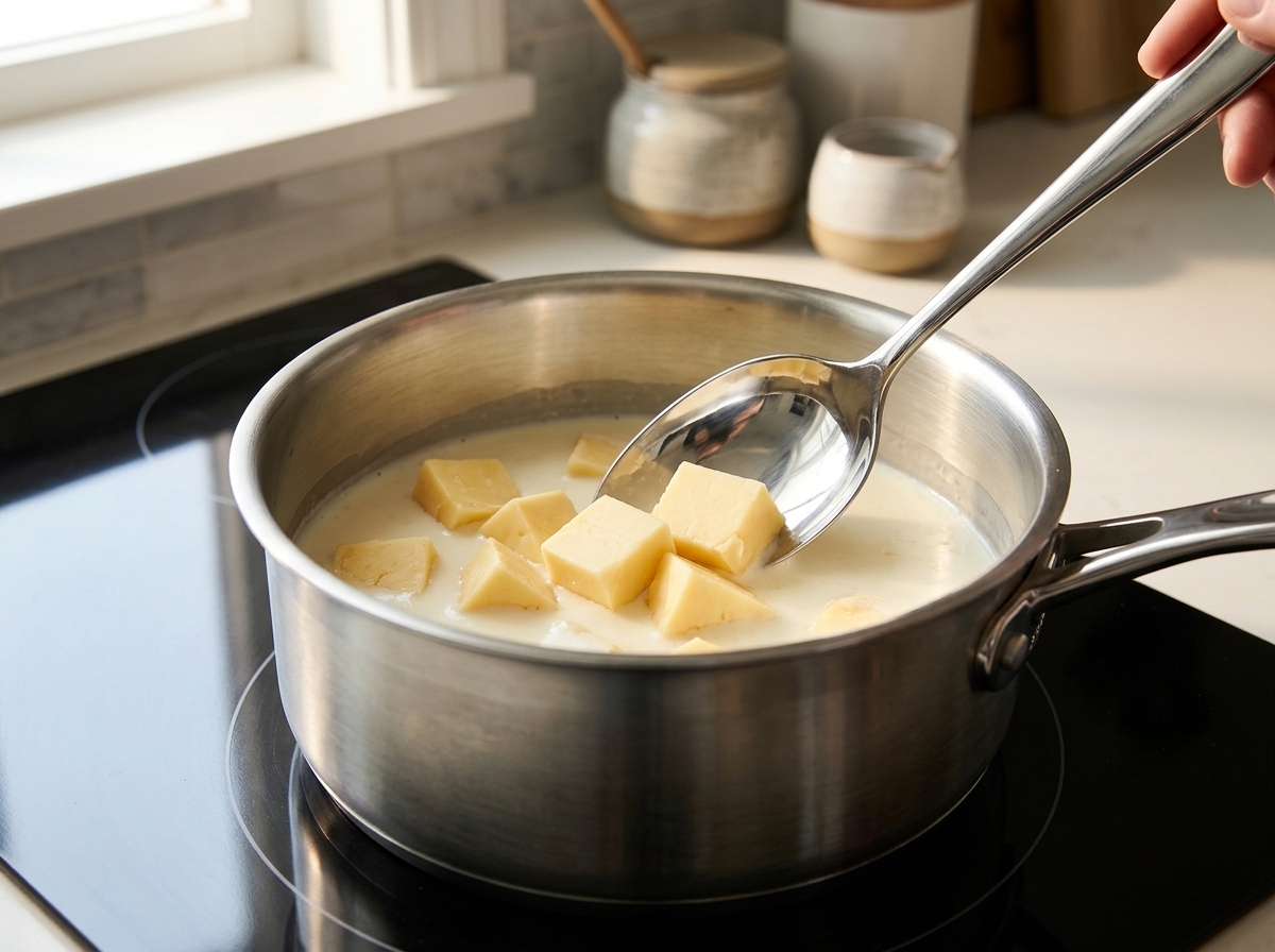 Stirring chunks of cheese in a creamy white liquid in a saucepan.